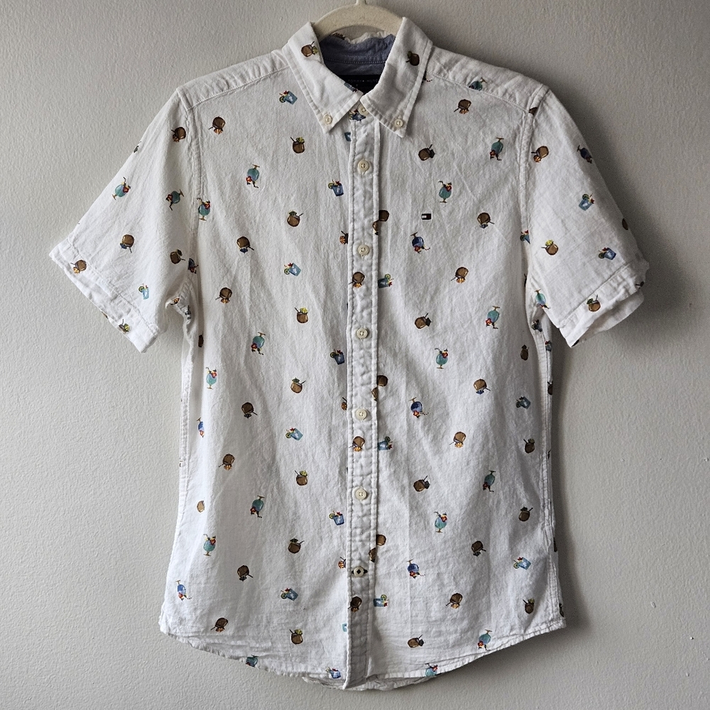 Tommy Hilfiger XS Men's Button Down Shirt Cocktail Print Short Sleeve Prep Fun